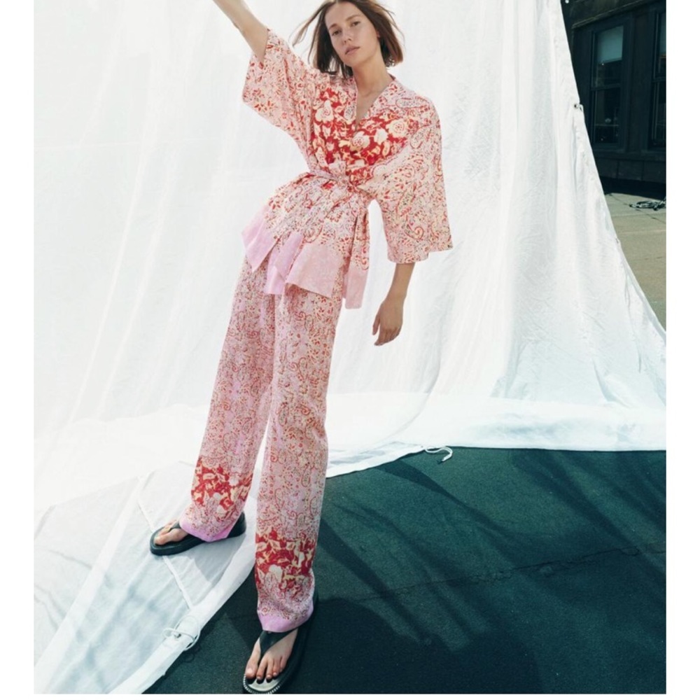 Zara Linen Blend Wide Leg Printed Pants